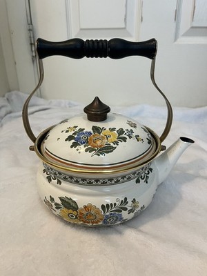 ASTA Enamelware Tea Kettle Teapot Brass Handles Floral Vintage 2 quart Germany