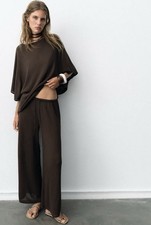 Zara Rustic Wide Leg Pants Womens L Brown Drawstring Textured Trousers NWT