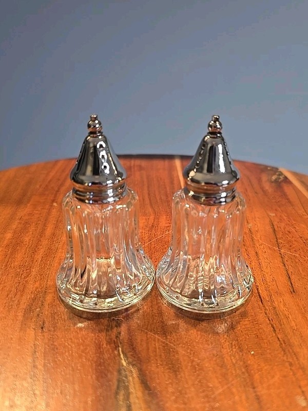Vintage Clear Glass Salt and Pepper Shakers Silverplate Tops 3 1/2" Tall