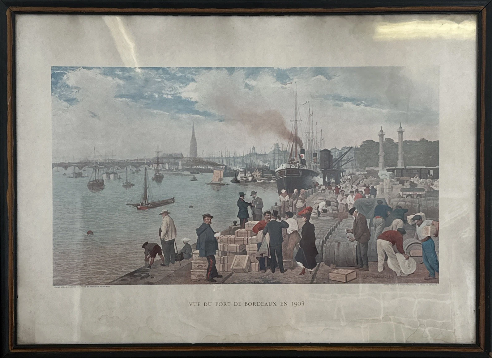 Tableau Cadre Vue Du Port De Bordeaux, 1903, Lithographie Signé Georges ￼