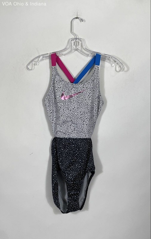 Nike Girls One Piece Swimsuit Multicolor Spotted Crossback Metallic Swoosh Sz L