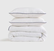 NWOT Quince King Cal King Linen Duvet Cover Set Piped White Navy 2 Shams