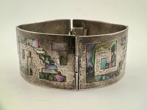 Vintage Taxco Mexican Sterling Silver Abalone Shell Cuff Bracelet 42g