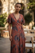 Free People Women Brick Tulip Sleeve Wrap Maxi Dress XS  Boho Art Deco Pattern