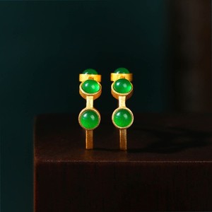 Authentic Green Natural Jade Earrings Vintage 18K Gold Plated Amulet Designer Ear Stud