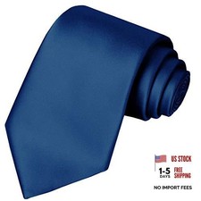 Mens Silk Tie Solid Satin Wedding Necktie + Gift Box Standard Length Navy Blue