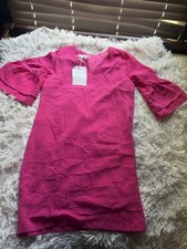 Belongsci Pink Solid Shift Dress V-Neck 3/4 Bell Ruffle Zip Short S 8817#