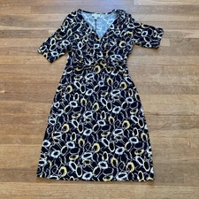 Talbots black white yellow 1/2 sleeve a-line jersey knee length dress sz 10 b25