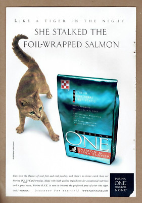 2000 Vintage Cat Food Purina One Print Ad She Stalked the Foil Wrapped Salmon