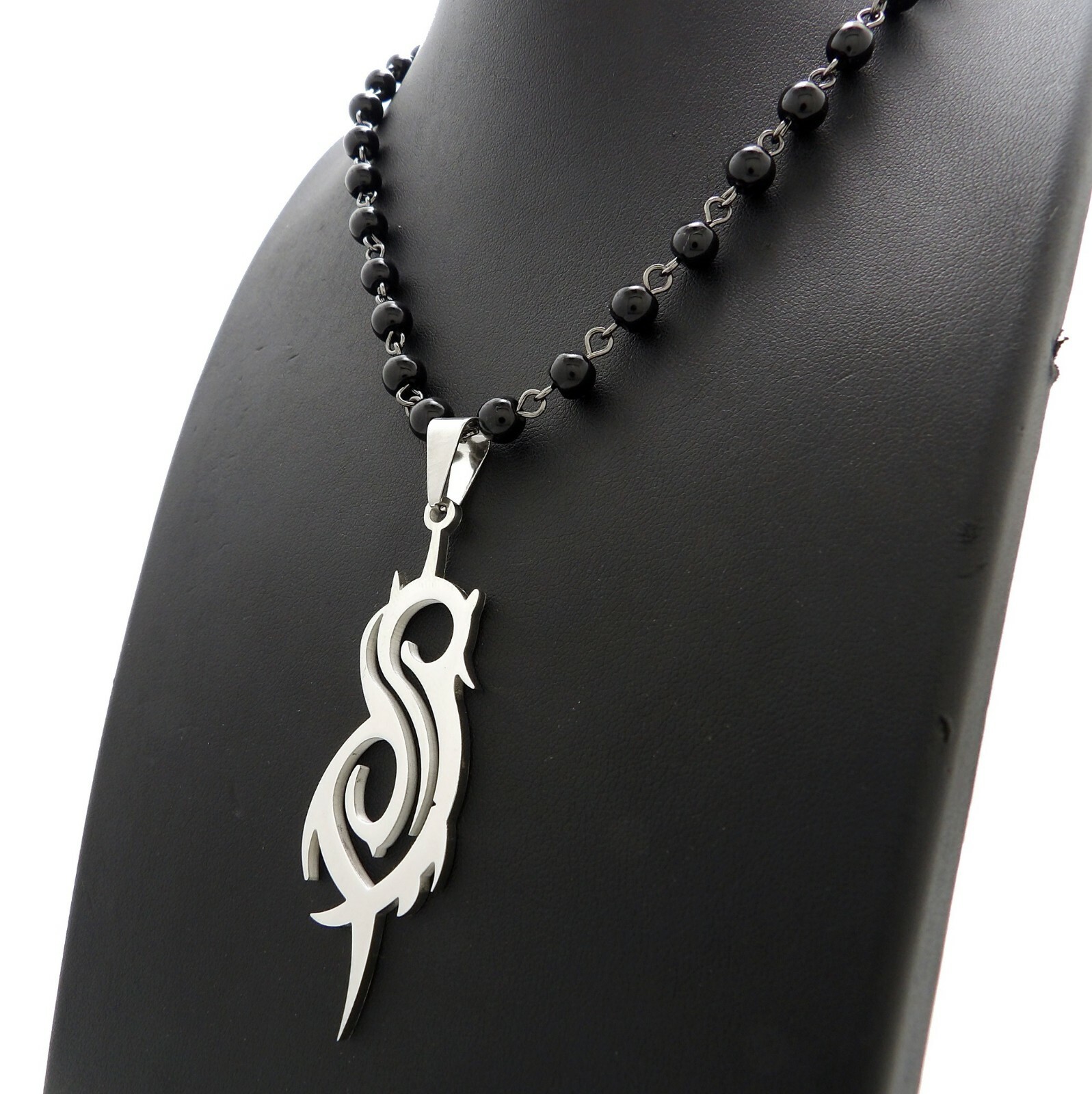 Hip Hop Stainless Steel SLIPKNOT Pendant & 20", 24" Black Stone Bead