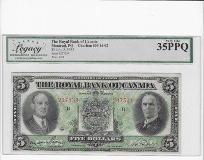 1933 Royal Bank $5 Note Cat# 6301602 Serial# 237534 LEGACY