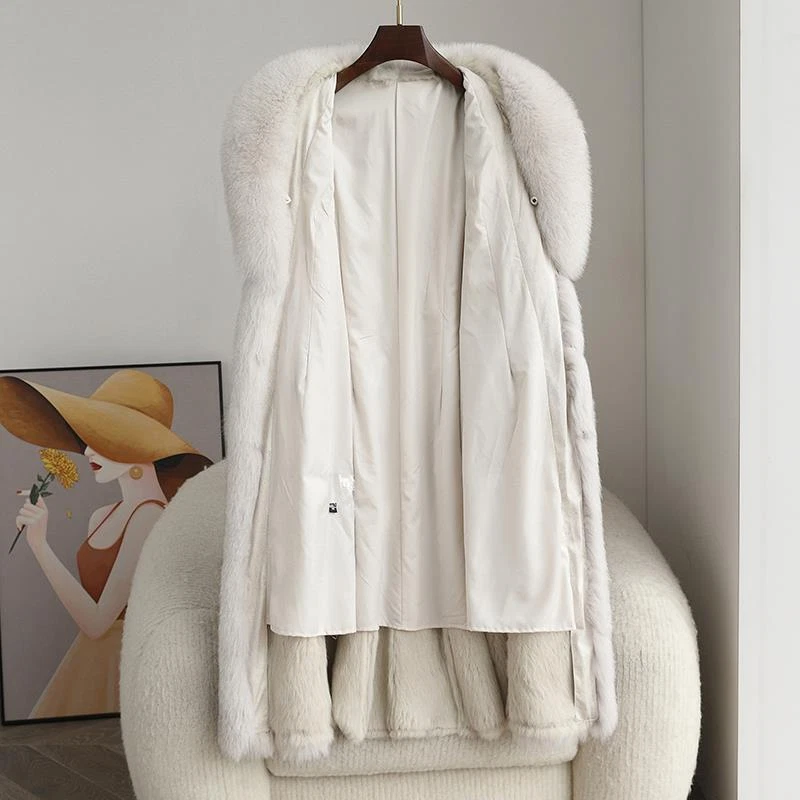 Abrigo largo medio medio para mujer Abrigo cuello de piel de zorro real forrado de piel de conejo Parka de invierno Foto 4 de 4