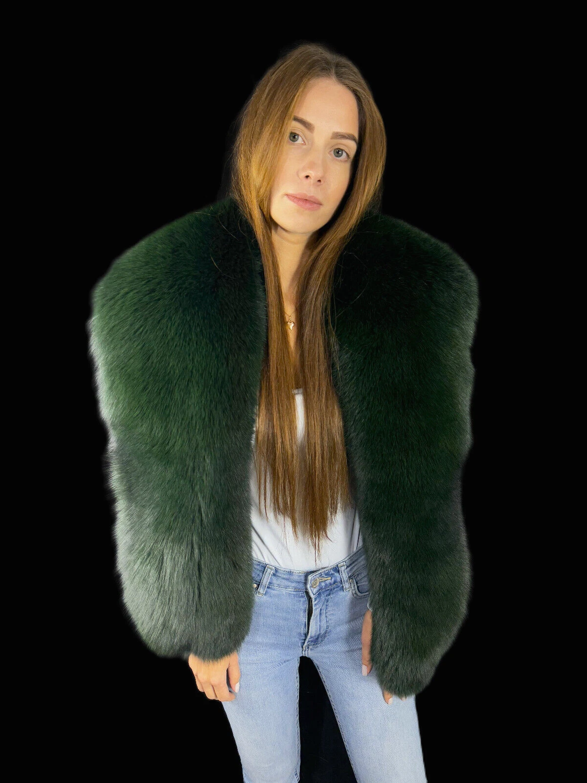 Finn Fox Fur Stole Green Color Royal Saga Furs Big Collar Fur Scarf 70' (180cm)