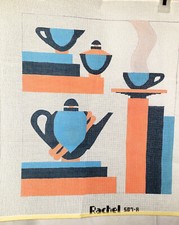 Hand Painted Needlepoint Canvas Rachel Art Deco Style Tea Set NOS 13.5" X 15.5"