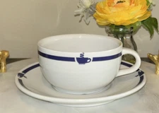 Over & Back Cup & Saucer Blue Steaming Coffee on White Diner Restaurant Ware Set
