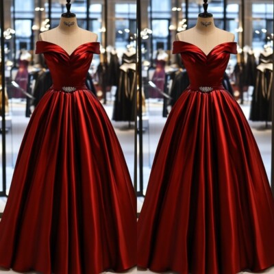 Burdundy Wedding Dresses Beading A Line Off Shoulder Elegant Satin Bridal Gowns