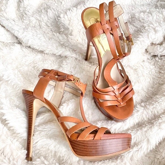 Michael Michael Kors Tan Leather Platform Sandal T Strap Pumps Heels 10 Brown