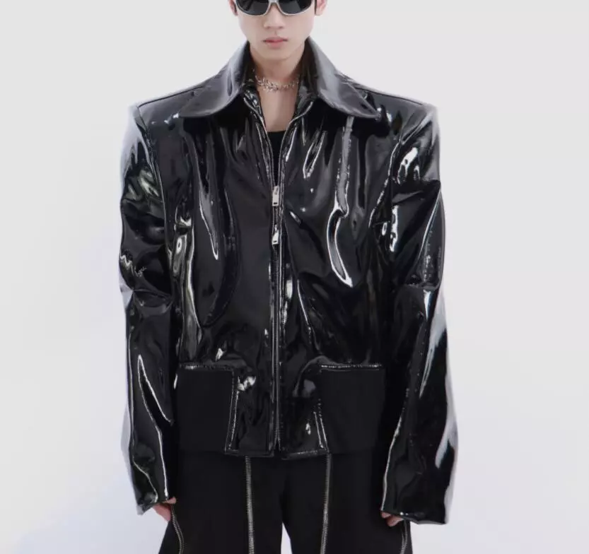 Men Casual Leather Jacket Black Glossy PU Jacket Shoulder Pad Lapel Jacket Loose
