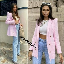 Zara Pale Pink Textured Double-breasted Blazer Jacket Size Xs Uk 6 8
