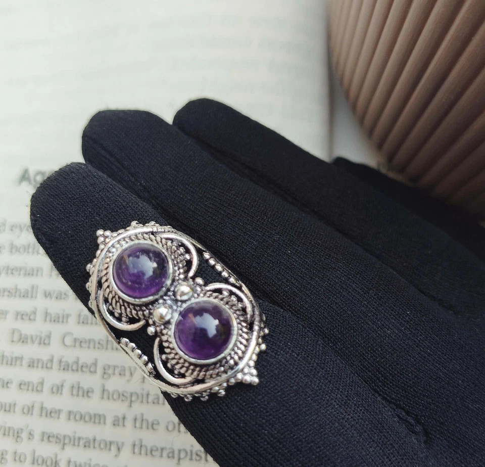 Anillo de amatista redondo natural de 8 mm/enchapado en ley 925/anillo hecho a mano/regalo para mujer Foto 3 de 4