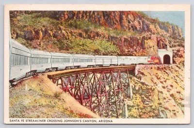 Santa Fe Railway Postcard Streamliner Crossing Johnsons Canyon Arizona Unposted