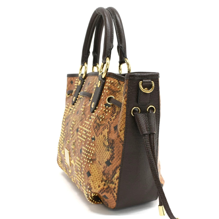 MCM Python Embossed Leather Handbag Brown 21in 32… - image 2