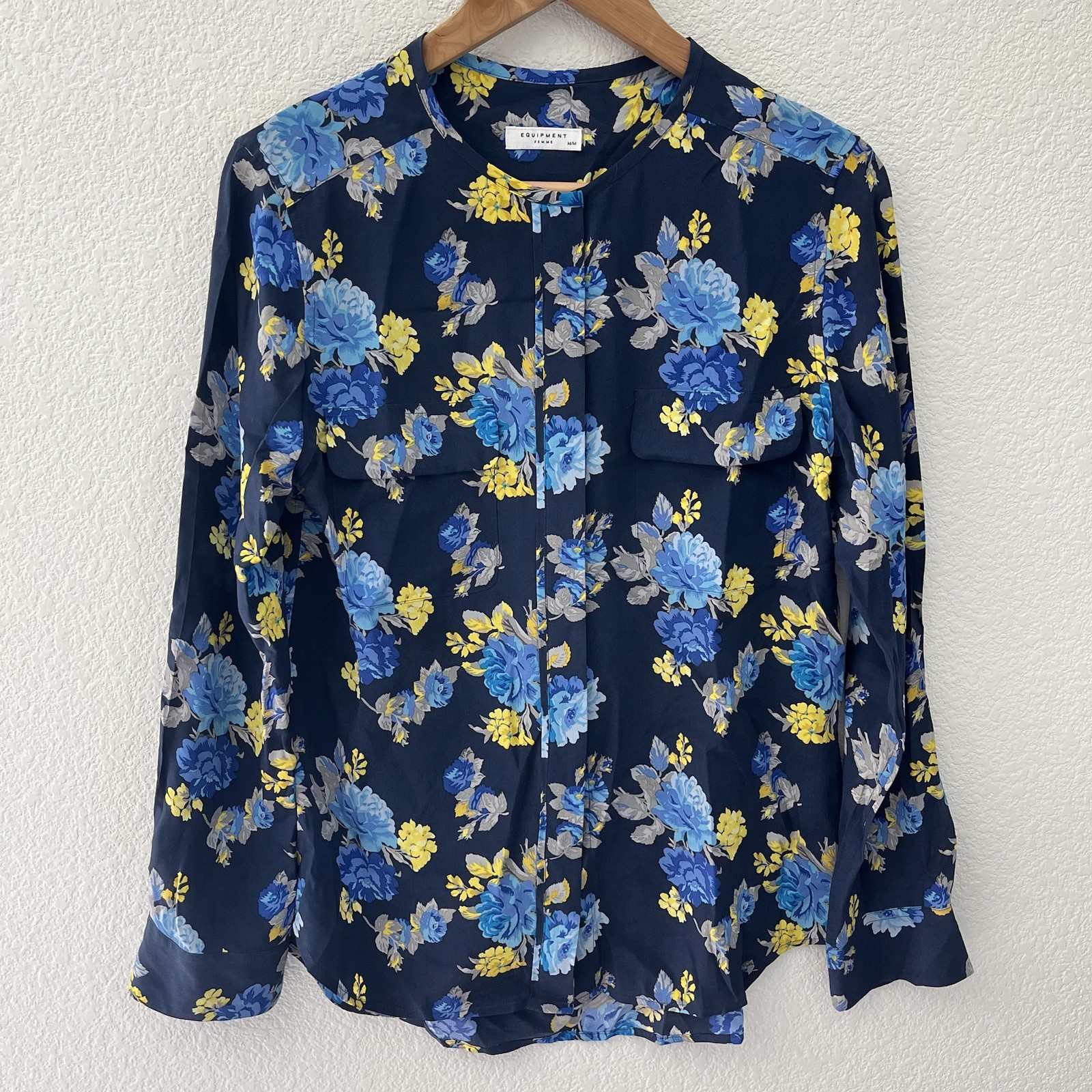Lynn Silk Floral Blouse Medium Womens Blue Yellow