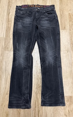 Rock Revival Men s Black Nathan Straight Leg Relaxed Fit Distressed Jeans Sz 36