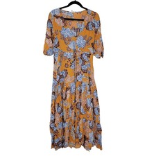 Abel The Label Mango Magic Mustard Yellow Floral Tiered Maxi Dress Boho Size S