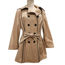 Guess Womens Beige Double Breasted Trench Coat With Black Trim Belted XL