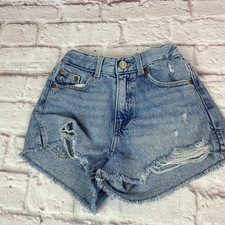 Zara Shorts Girls 8 Blue Distressed Denim Frayed Raw Hem Adjustable Waist Summer