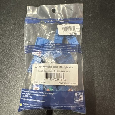 CAT6A Keystone Jack 110-style With Punch-down Cutter Tool 10-pack Blue