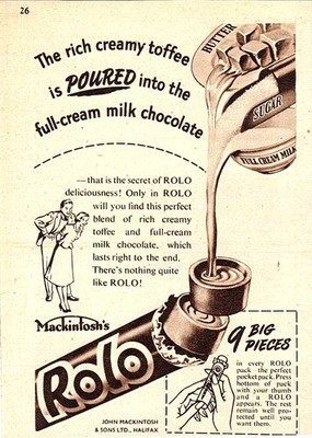 Original 50er Jahre Reklame Mackintosh's ''ROLO'' Schokolade Toffee Süßigkeiten Kleingedruckte Reklame