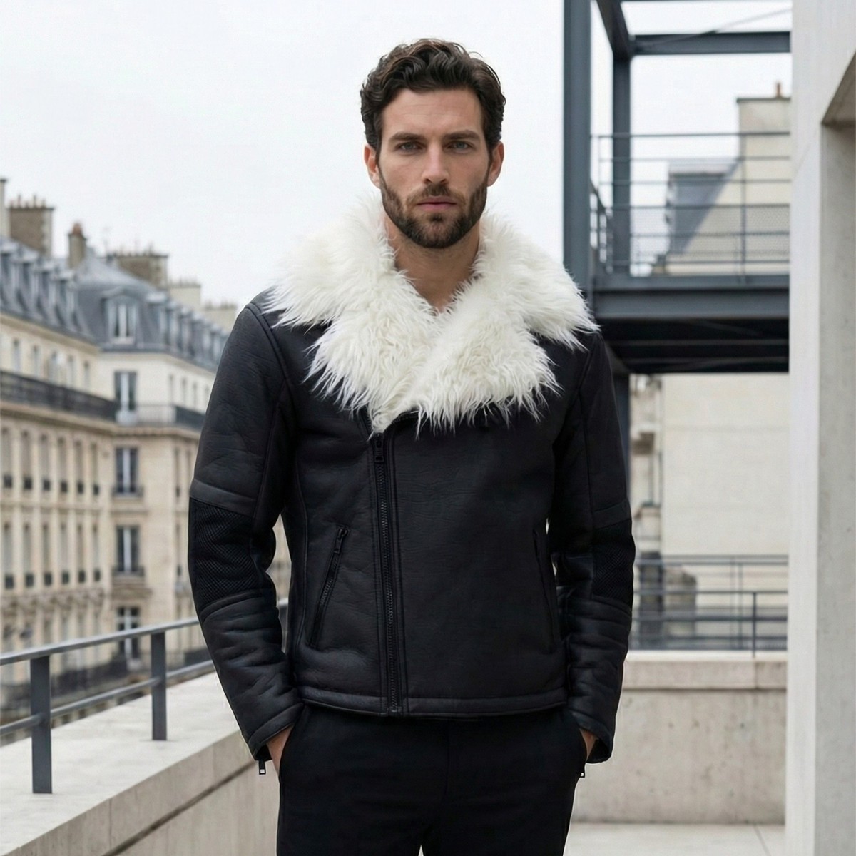ジャケット・アウター Helmut Lang 2016 V-neck blouson jacket Helmut Lang Black Film Coated Moto Jacket with Faux Fur Trim Size