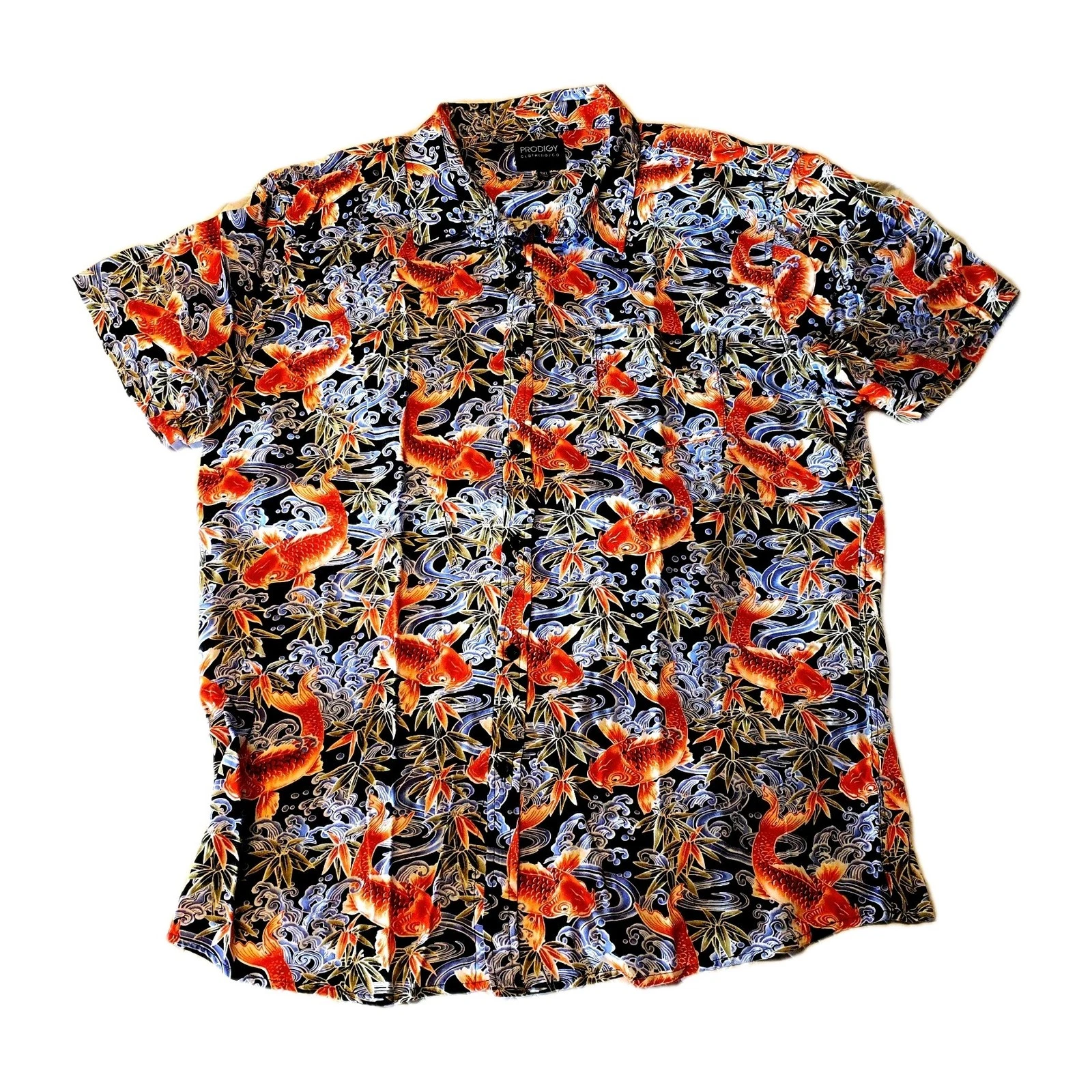 Prodigy Men's Hawaiian Shirt Size 3XL Black Orange Japanese Coi Tropical Print