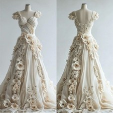 Off-shoulder Applique Tulle Wedding Dresses Cubic Floral Sweep Train Sleeveless