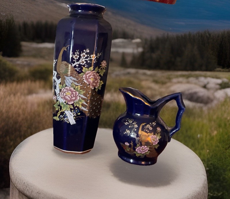 Porcelain Japanese 8” Vase 2” Cup 4” Pitcher With Peacock Cherry Blossoms Japan