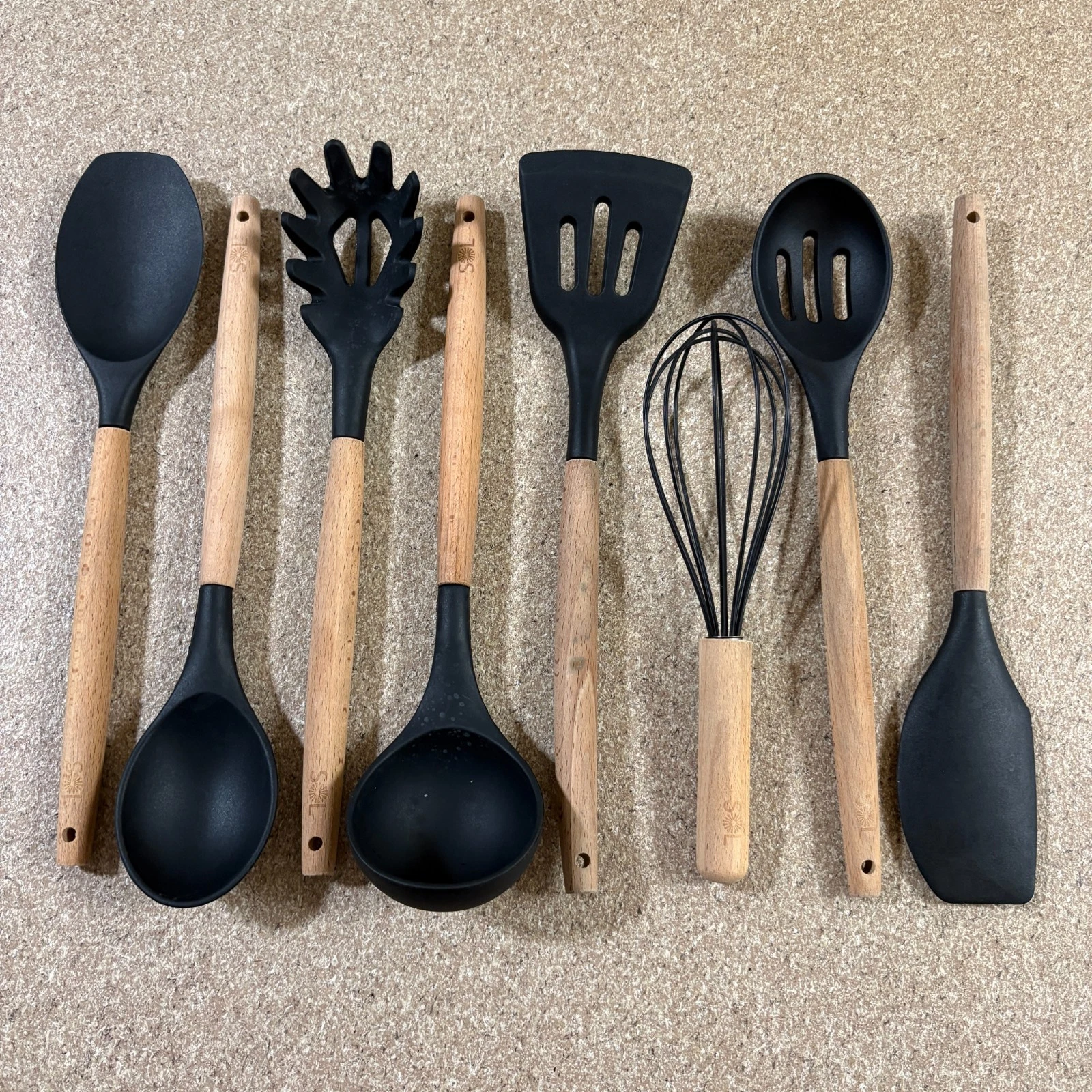 Silicone Wood Handle Utensils Heat Resistant Rubber Kitchen Flipper Spatula 7pc