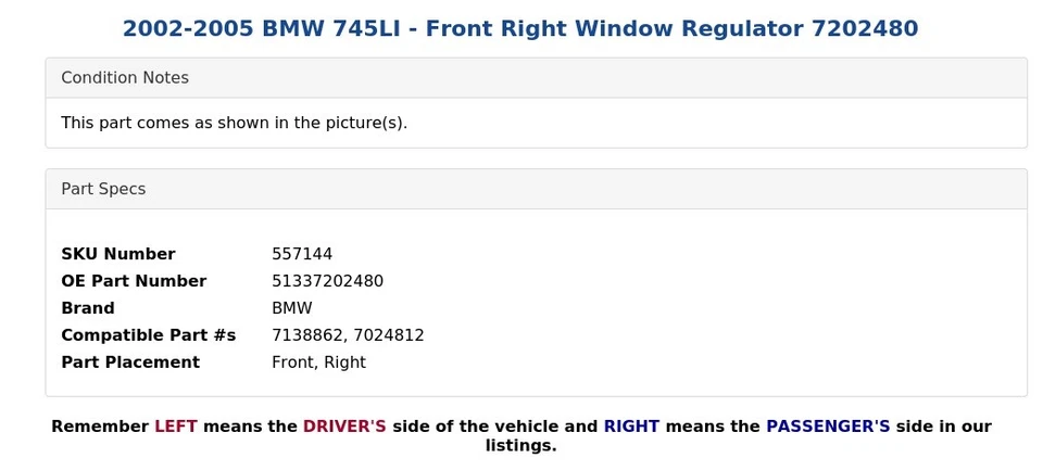 2002-2005 BMW 745LI - регулятор переднего правого окна 7202480 - Изображение 4 из 4