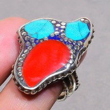 Red Coral Tibetan Turquoise Handmade Boho Nepali Jewelry Adjustable Ring SR 3358