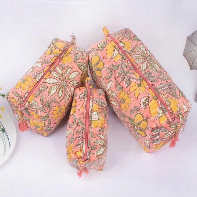 Indian Peach Floral Print Toiletry Bag Unisex Makeup Bags Waterproof 3 Pcs. Sets