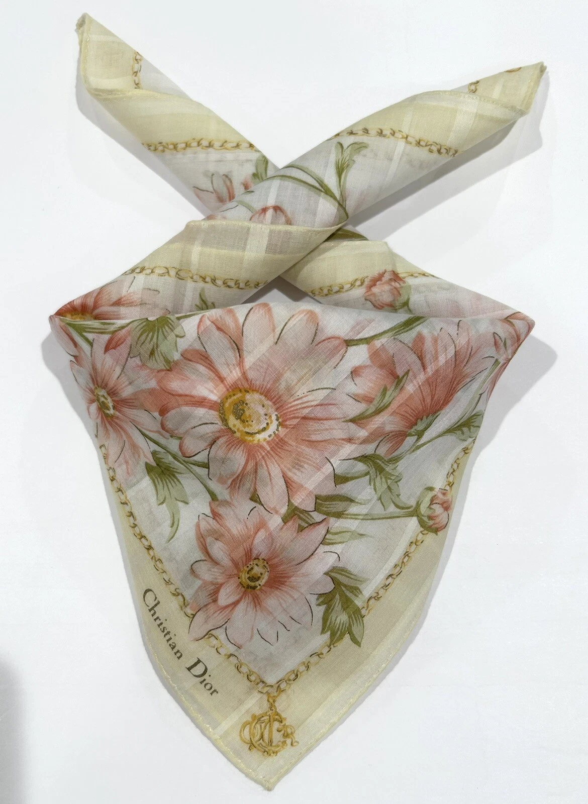 MOUCHOIR FEMME CHRISTIAN DIOR FLORAL ROSE JAUNE COTON POCHE CARRÉ 18”