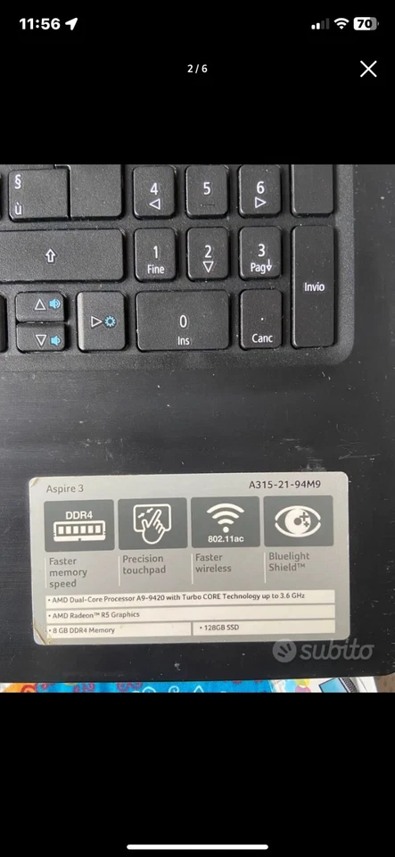  Acer Aspire 3 A315-21-90VF A9-9420 Computer portatile 39,6 cm (15.6") HD AMD A9 - Immagine 2 di 4