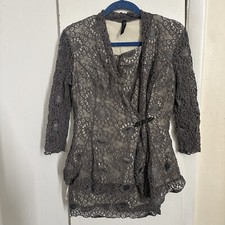 Woman Elana Kattan 2 Piece Lace Overlay Skirt Set Size Medium Gray Made In USA