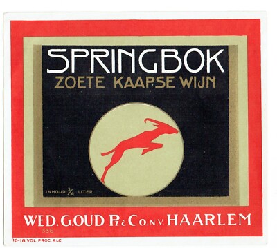 Vintage Weinetikett Springbock Zoete Kaapse Jac. Jongert Südafrika