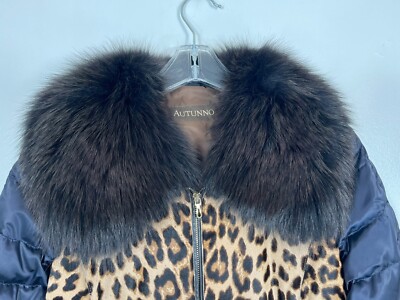 NEW Puffer jacket FOX fur collar leopard print blue sleeves Womens