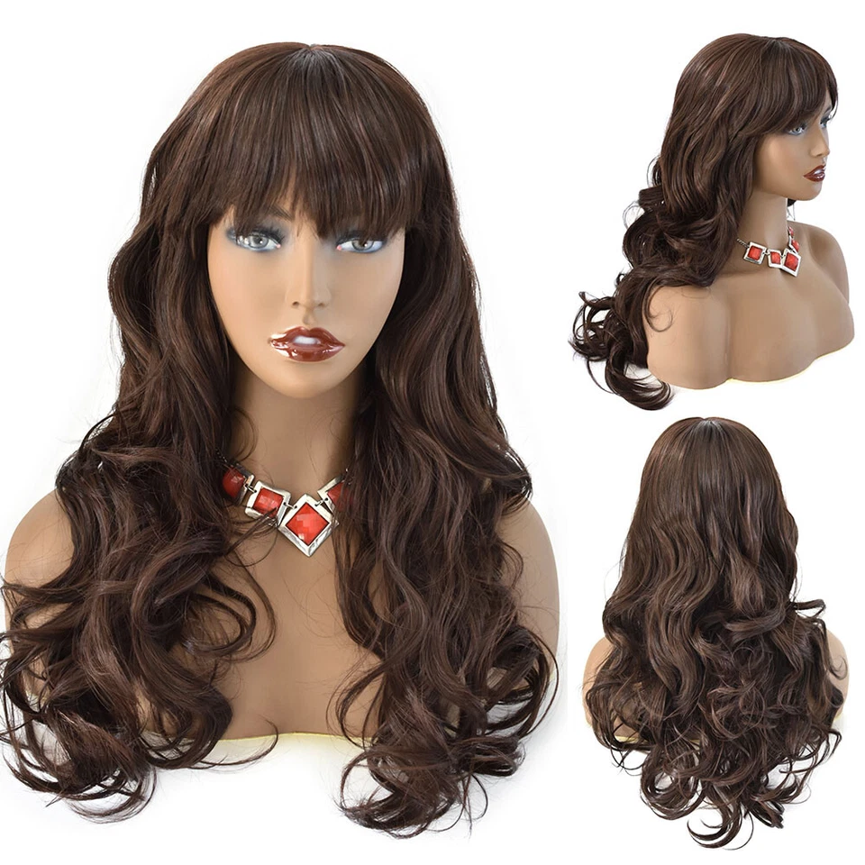 Peluca larga ondulada para mujer flequillo sintético negro castaño pelo cosplay fiesta pelucas 66 cm EE. UU. Foto 4 de 4