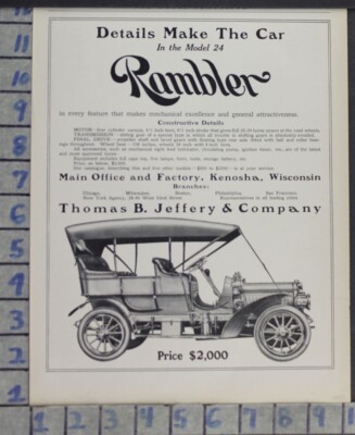 1907 RAMBLER KENOSHA MODEL 24 CAR THOMAS JEFFERY AUTO TOURING VINTAGE AD CY40