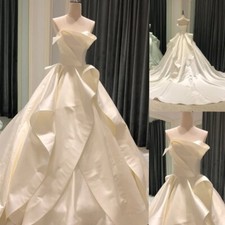 Satin Ruffles Wedding Dresses Sweep Train Simple Off the Shoulder Bridal Gowns