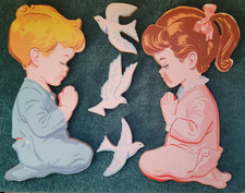 Vintage 1958 The Dolly Toy Co - Praying Girl Boy - 3 Doves Wall Decor